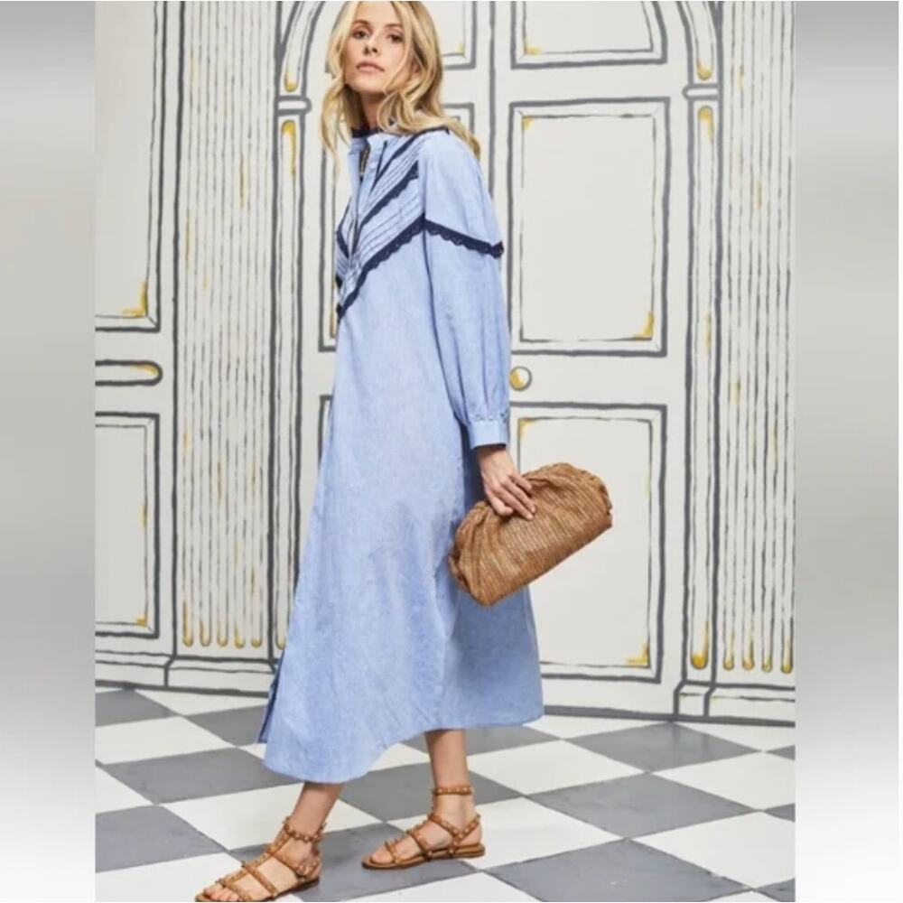 Tuckernuck Light Blue Maxi Shirt Dress with Navy Trim - Picture 5 of 9